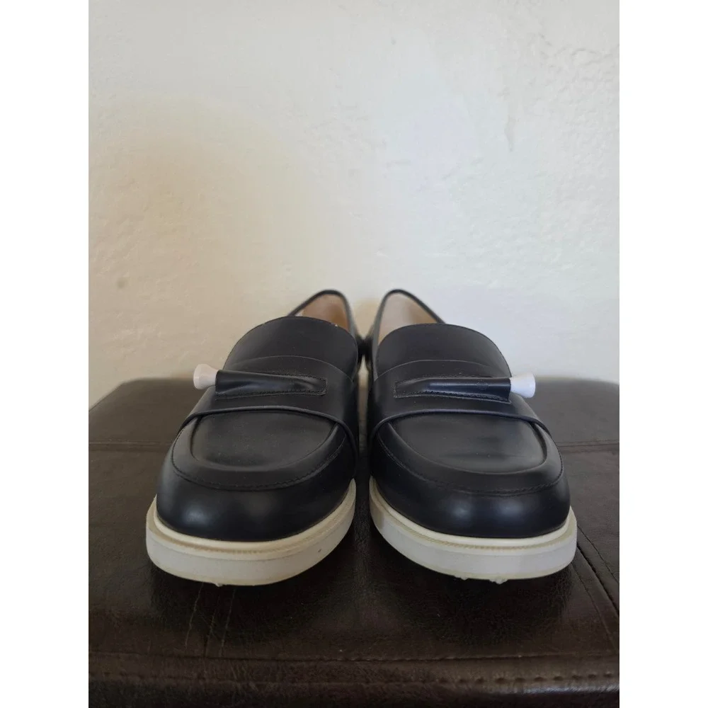 Tory Burch Navy Blue Leather Logo Minimalist Old Money Coastal Loafers sz 6